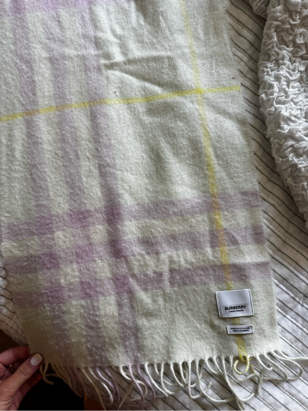 Burberry Cream, Lavender & Yellow Plaid cashmere Scarf